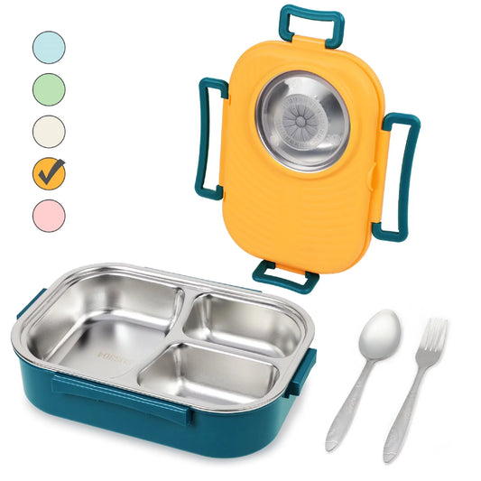 Shellberg Stainless Steel Bento Lunch Box，Stackable BPA-Free Food Containers with 3 Compartments and Reusable Sauce Bowl, Fork and Spoon